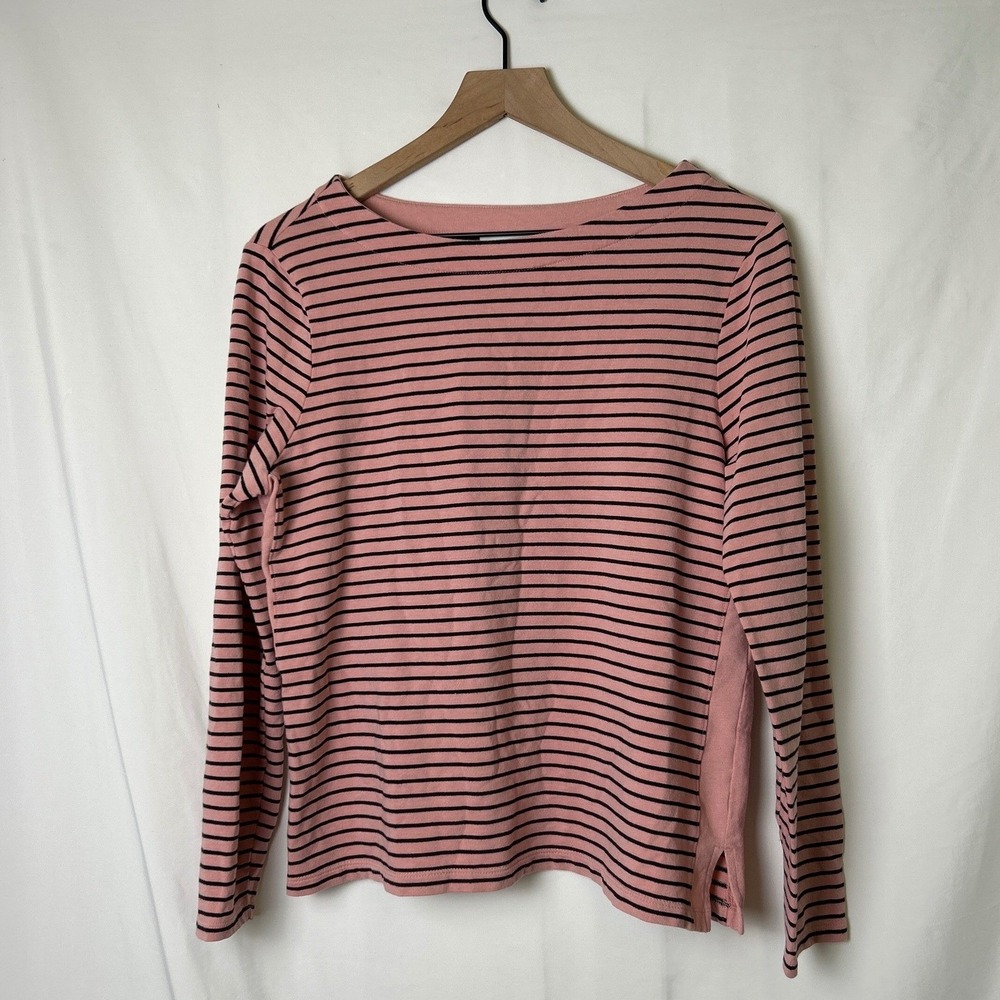Chico's Womens Boat Neck Striped Long Sleeve Top Size 1/M Pink Black Parisian